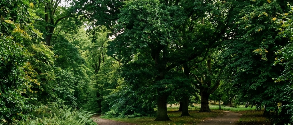 People walking and jogging along paths in a green park with city skyline in background